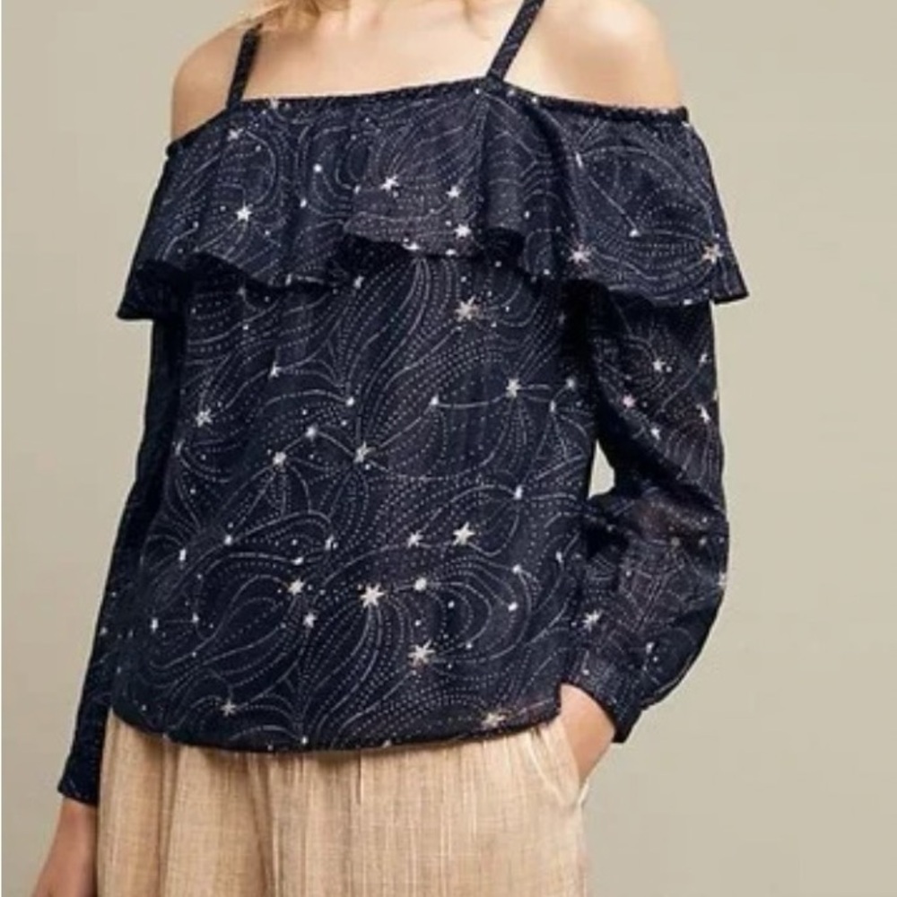 Floreat Anthropologie Starlit Navy Blue Star Print Cold Shoulder Blouse Sz Med